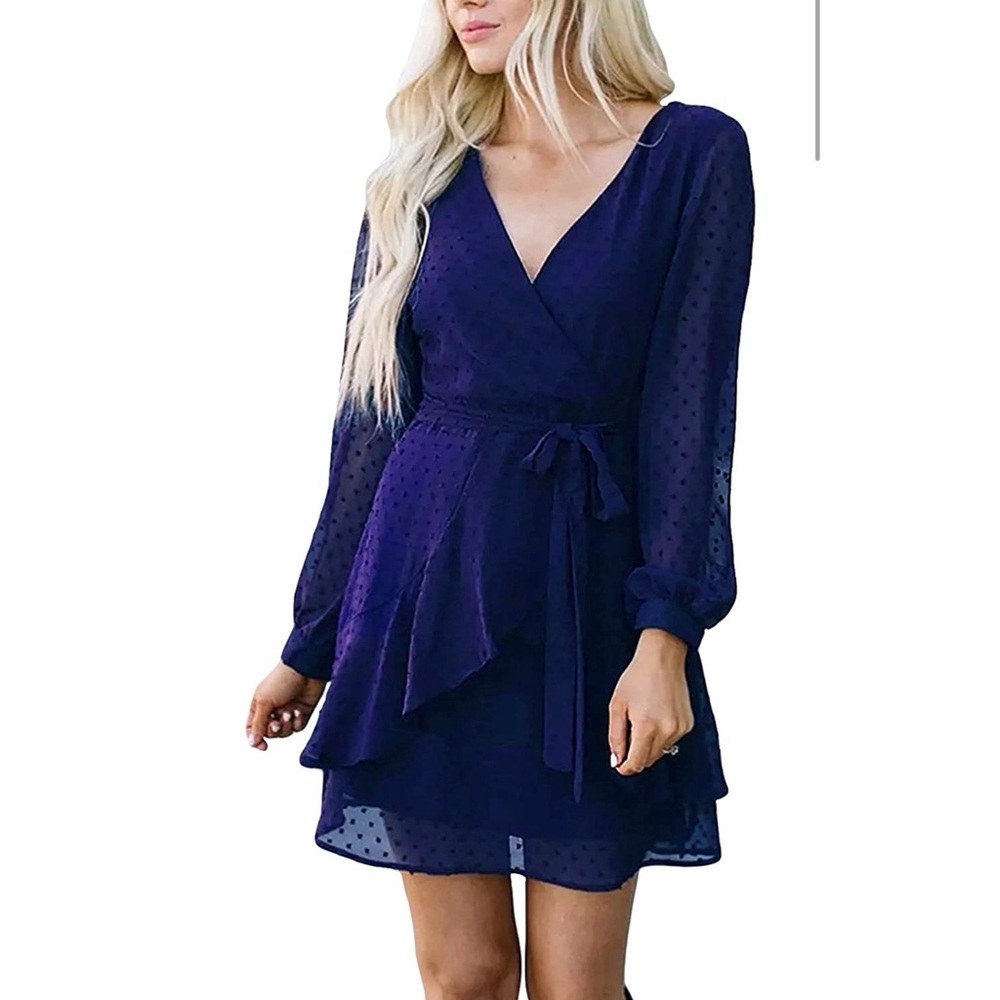 AOOKSMERY V Neck Long Sleeve Mini Solid Polka Dot Swing Purple Dress Size M